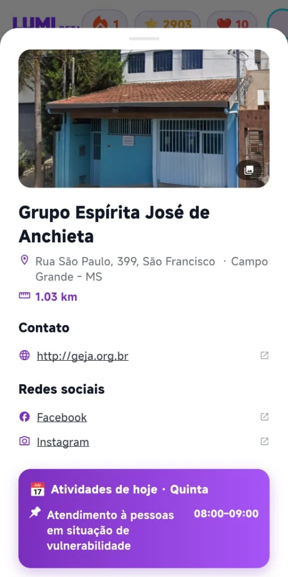 Ficha do centro com foto, endereço, distância, site, redes sociais e as atividades de hoje