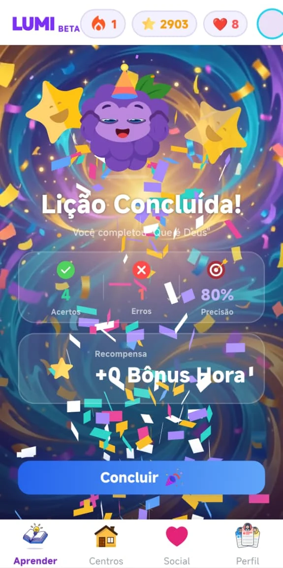 Tela "Lição Concluída!" com acertos, erros, precisão e recompensa em Bônus Hora