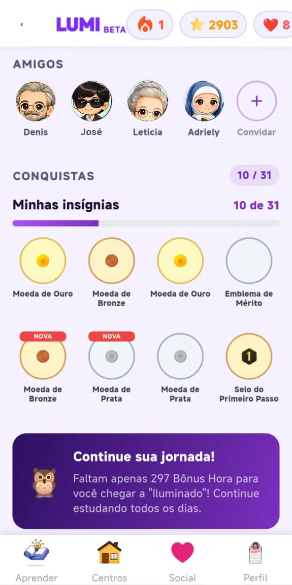 Relatórios: amigos, insígnias conquistadas (10 de 31) e o card Continue sua jornada