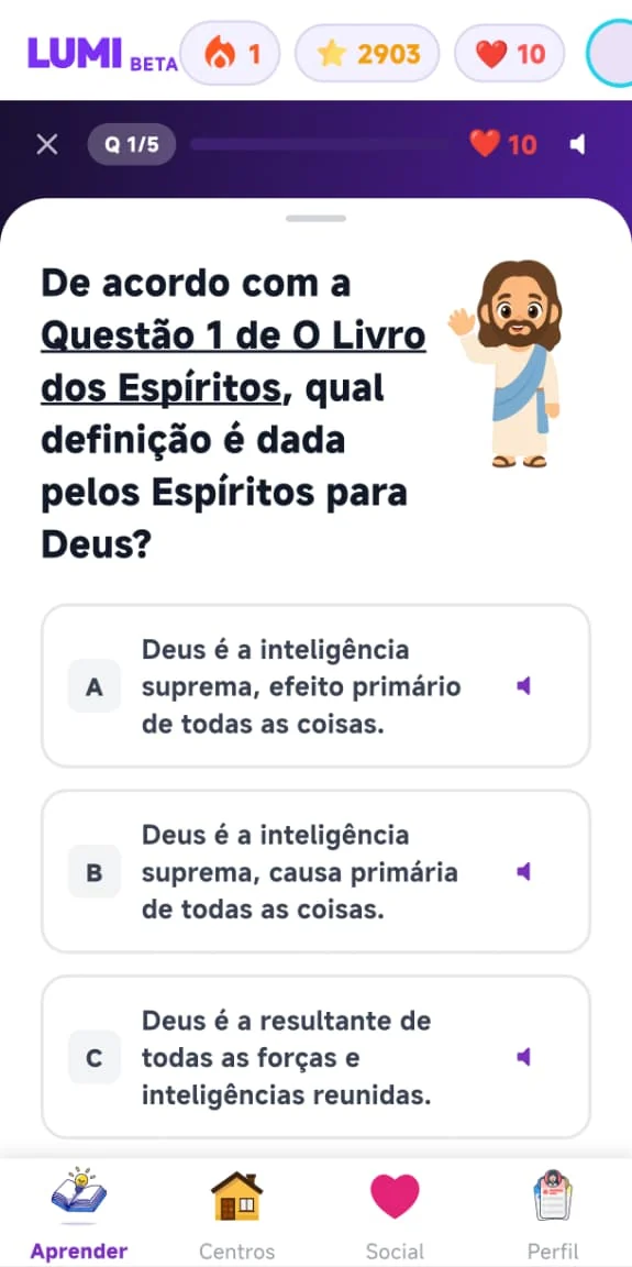 Questão de quiz com Jesus ao lado e botões de leitura em voz alta
