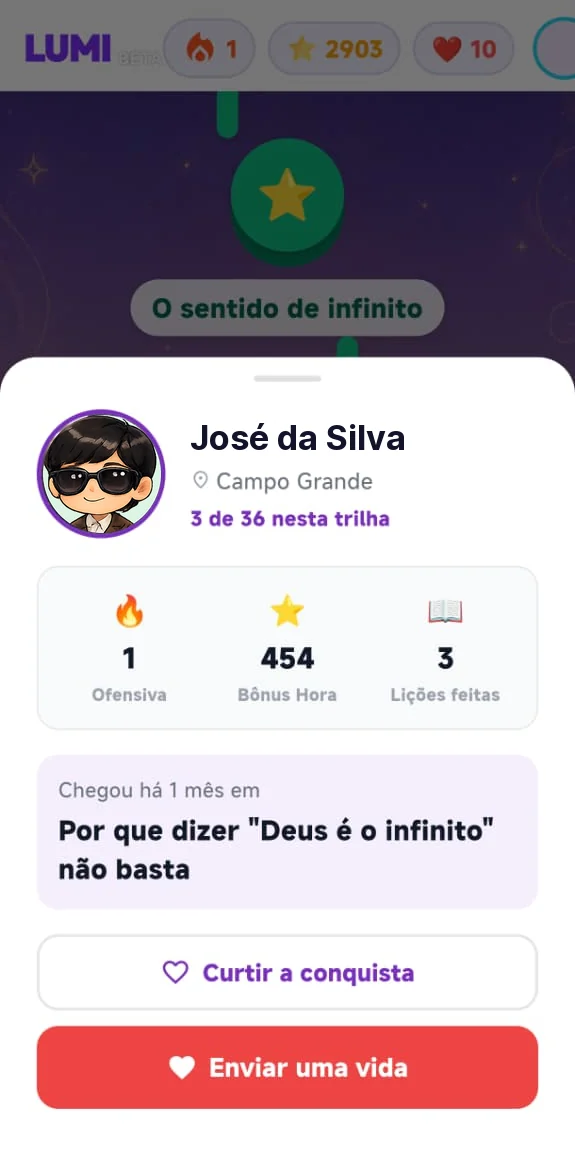 Ficha de um amigo aberta no mapa da trilha, com ofensiva, Bônus Hora, lições feitas e os botões Curtir a conquista e Enviar uma vida