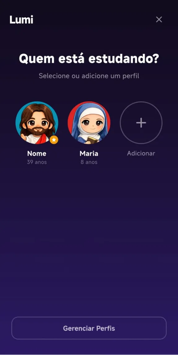 Tela "Quem está estudando?", com os perfis da família
