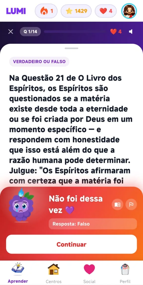 Questão de verdadeiro ou falso com o retorno do app após um erro
